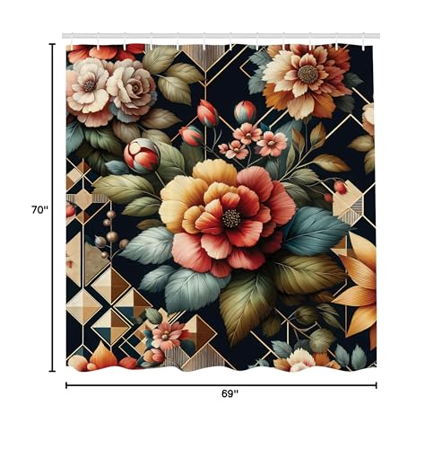 Ambesonne Floral Shower Curtain, Leafy Atmosphere Garden Scene With Blooming Roses And Futurist Lines, Cloth Fabric Bathroom Dec
